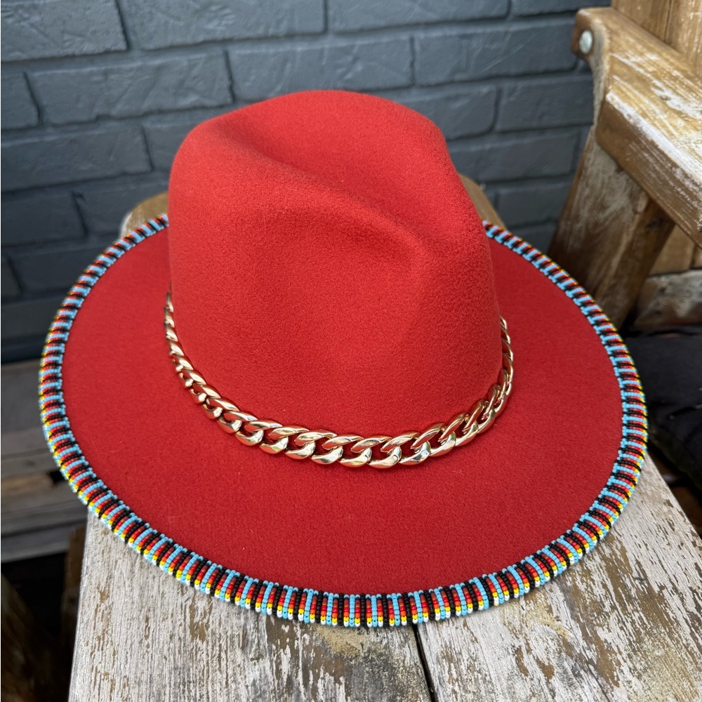 Handbeaded Gold Chain Red Fedora Hat